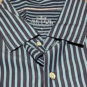 PETER MILLAR Seaside Collection Cotton Silk Short Sleeve Blue Stripe Shirt Large